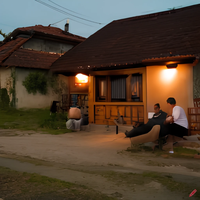 Вечер во дворе дома в маленькой сербской деревне //Иллюстрация Dall-E-Mini
