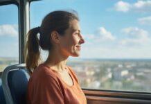 Сбер внедряет биометрию и оплату по геолокации на транспорте Юга России Девушка в автобусе //Иллюстрация сгенерирована ГигаЧат