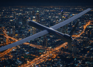 Ночная атака БПЛА на Ростовскую область: погиб человек, четверо ранены, пожары на складах и судне Беспилотник над ночным городом //Иллюстрация ChatGPT, лицензия и промпт "Городской репортер"